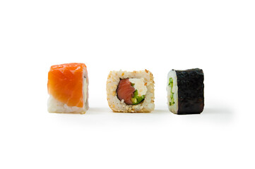 three sushi on a white background isolated close-up