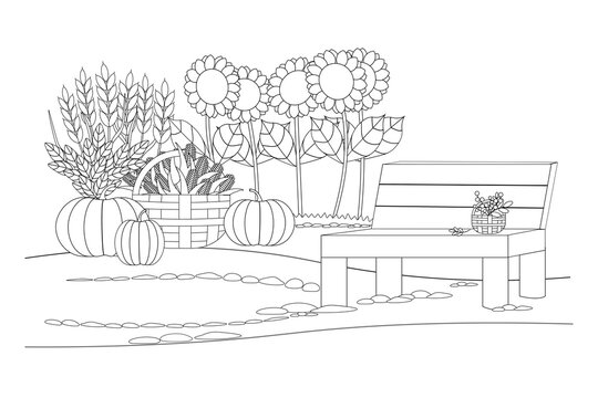 Coloring book with an autumn landscape. For page design, games, covers, design, creativity. Thanksgiving day.