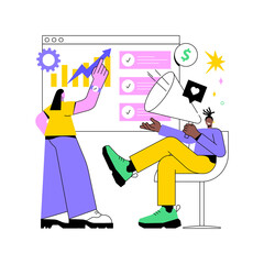 PR strategy abstract concept vector illustration. Public relations job, effective brand communication, PR tactics, determine goals, objectives and target audience, monitor success abstract metaphor.