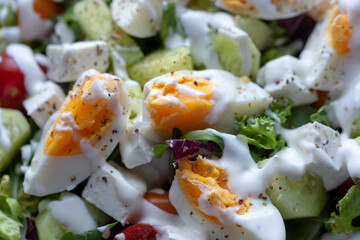 fresh salad with eggs, tomatoes, cucumbers
