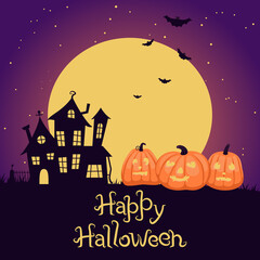 Halloween banner three pumpkins, scary house and bats on the background of the moon and sky. Color vector illustration, for posters, flyers, invitation cards.