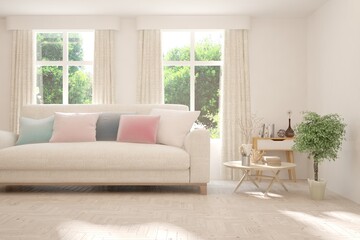 White living room with sofa and summer landscape in window. Scandinavian interior design. 3D illustration