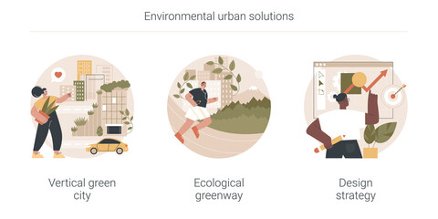 Environmental urban solutions abstract concept vector illustration set. Vertical green city, ecological greenway, design strategy, space-saving eco solution, landscape ecology abstract metaphor.