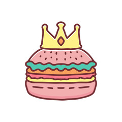 burger with king crown cartoon, illustration for stickers and t shirt.