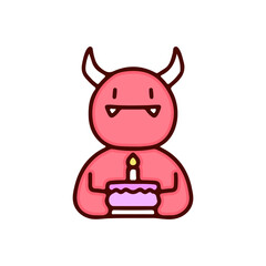 Cute red devil holding birthday cake illustration. Vector graphics for t-shirt prints and other uses.