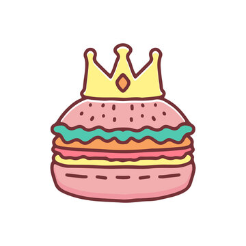 Burger With King Crown Cartoon, Illustration For Stickers And T Shirt.