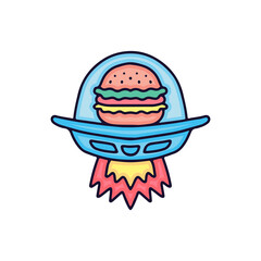 burger on spaceship cartoon, illustration for stickers and t shirt.