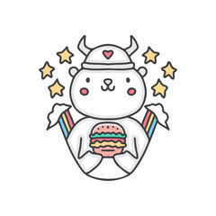 Cute Viking white bear with burger cartoon, illustration for stickers and t shirt.