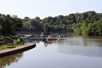 The boathouse in the park on a sunny morning.