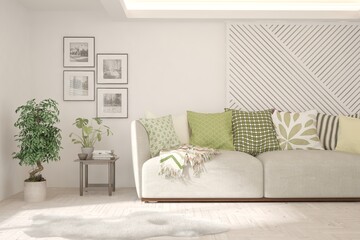 White living room with sofa. Scandinavian interior design. 3D illustration