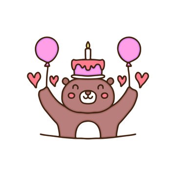 happy bear with birthday cake and balloons cartoon, illustration for stickers and t shirt.