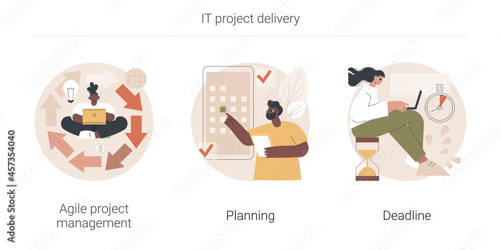 Poster it project delivery abstract concept vector illustration set. agile project management, planning and