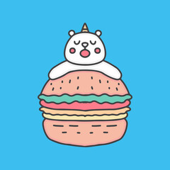 cute unicorn white bear sleeping on burger cartoon, illustration for stickers and t shirt.