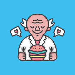 Old man professor with burger cartoon, illustration for stickers and t shirt.