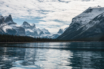 Canadian Rockies reflection on Maligne lake in Jasper national park, AB, Canada