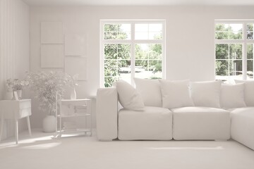 Mock up of stylish room in white color with sofa and green landscape in window. Scandinavian interior design. 3D illustration