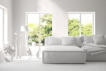 Mock up of stylish room in white color with sofa and green landscape in window. Scandinavian interior design. 3D illustration