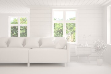 Mock up of stylish room in white color with sofa and green landscape in window. Scandinavian interior design. 3D illustration