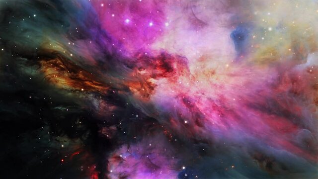 Exploring outer space galaxy traveling inside the Orion Nebula area. Space flight into deep space. 4K 3D rendering of a space flight into a star field. Completed with NASA public-domain images. 
