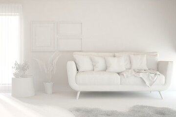 Mock up of stylish room in white color with sofa. Scandinavian interior design. 3D illustration