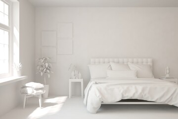 Modern bedroom in white color. Scandinavian interior design. 3D illustration