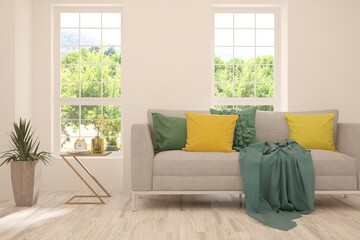 Stylish room in white color with sofa and summer landscape in window. Scandinavian interior design. 3D illustration