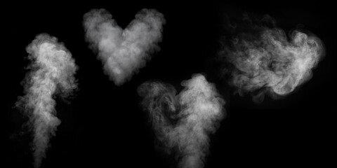 A set of various white vapors, smoke on a black background to add to your pictures. Heart shape,...