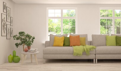 White living room with sofa and summer landscape in window. Scandinavian interior design. 3D illustration