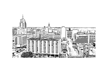 Building view with landmark of Lancing is the 
village in England. Hand drawn sketch illustration in vector.