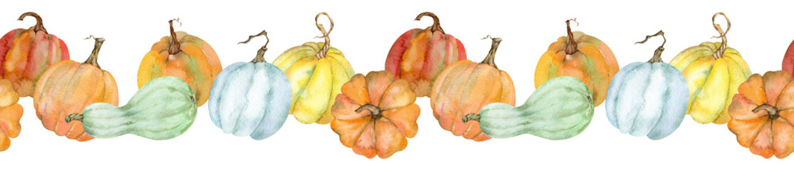 Watercolor horizontal seamless border with pumpkins. Hand-drawn Thanksgiving illustration. Seamless header isolated on the white background.