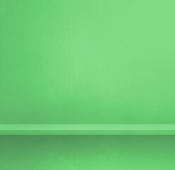 Empty shelf on a green wall. Background template. Square banner