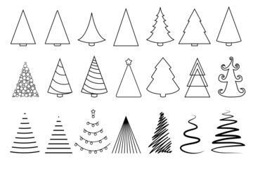 Various christmas tree silhouette set Outline handdrawn style