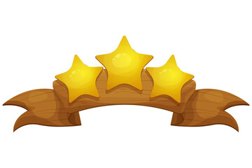 Wooden ribbon banner victory sign with stars comic in cartoon style isolated on white background. Ui game asset, gift, winner congratulation concept.