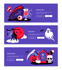 Treat or treat - cartoon banners with three purple backgrounds
