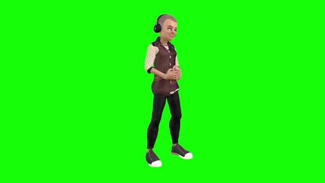 3d animation cartoon boy stands wearing head phones, listens and daces to the music he hears.