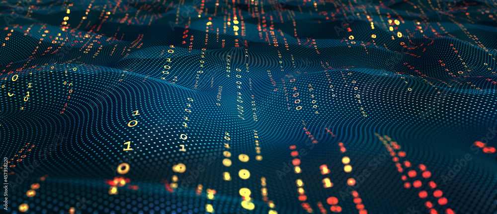 Fototapete Terabytes of binary code data flying in a stream of information. Wavy field of coded blockchains. Neural network, points and numbers 3D illustration