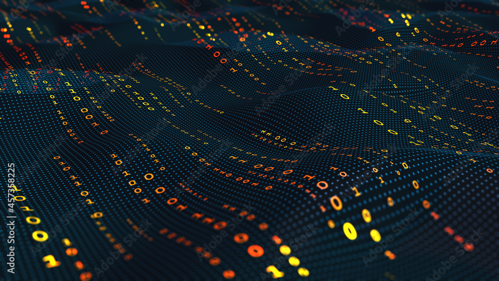 Poster Big data technology digital field. Binary code futuristic information technology. Encrypted data stream. Information transfer and cloud protection, high-speed internet. Wave coding 3D illustration