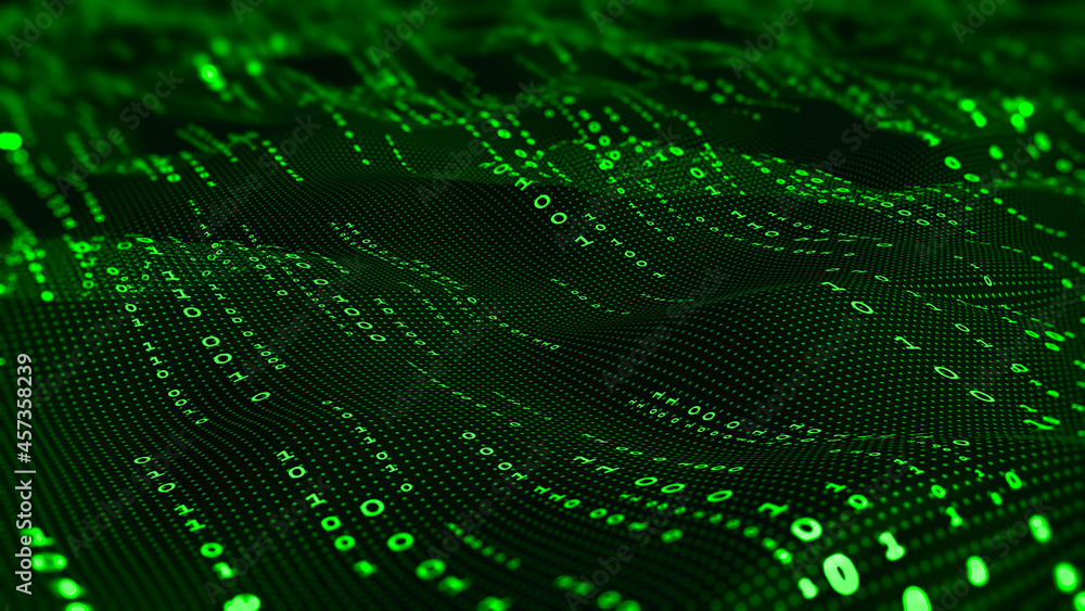 Leinwandbilder Big data technology digital field. Binary code futuristic information technology. Encrypted data stream. Information transfer and cloud protection, high-speed internet. Wave coding 3D illustration