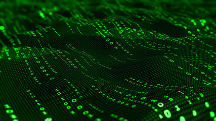 Big data technology digital field. Binary code futuristic information technology. Encrypted data stream. Information transfer and cloud protection, high-speed internet. Wave coding 3D illustration
