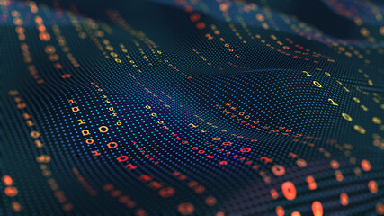 Waves of computer code. Binary code big data. Internet technologies of the future, the flow of open data. Wireless transmission of information. Sorting binary code 3d illustration