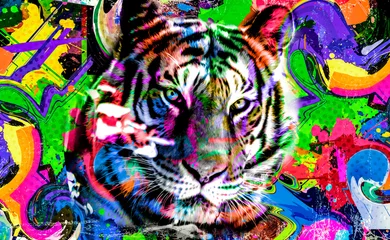 Poster kleurrijke artistieke leeuwensnuit met heldere verfspatten op donkere achtergrond. © reznik_val