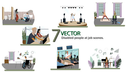 set of disabled people at job scenes, plumber with leg prosthesis, disabled woman in wheelchair doing yoga,  
Visually impaired male Physical Therapist.