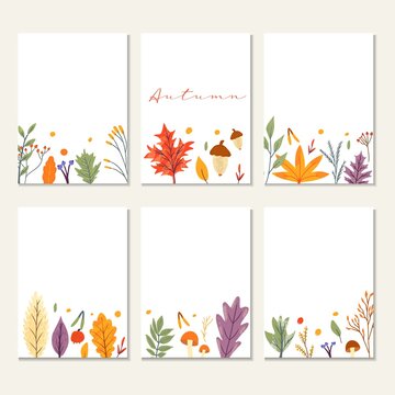 Banner template decorated with autumn trendy elements and text. falling leaves berry and mushroom. Scrapbook set of fall season elements. Flat natural vector illustration for advertisement, promotion