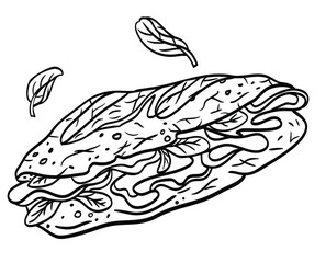 Ham sandwich, outline black and white illustration, picture for menu, packaging, label and other designs.