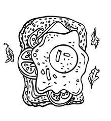 Scrambled egg sandwich, outline black and white illustration, picture for menu, packaging, label and other designs