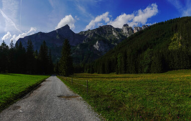 Fototapeta na wymiar long straight dirt road to mountains while hiking in the summer