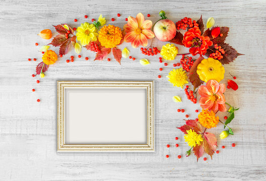 Frame on an autumn background with colorful leaves, flowers and apples on a light background. place for text. orange, yellow and red colors on white background