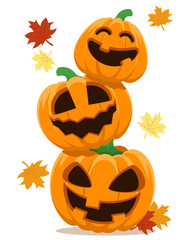 Pumpkins for Halloween are standing on top of each other and smiling.
