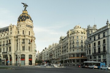 Madrid, Spain. October 1, 2019: Emblematic buildings and traffic on Gran Vía avenue.