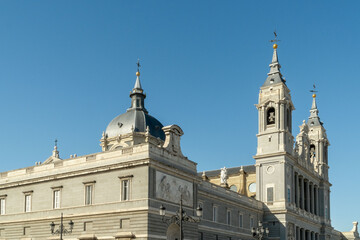 Fototapeta na wymiar Madrid, Spain. October 1, 2019: Royal Palace of Madrid and blue sky.